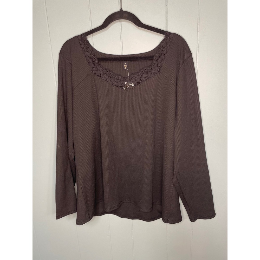 Jessica Simpson Ribbed Lace Trim Top Womens 3X Anthracite New‎ Long Sleeve Tee